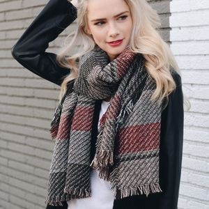 Rust Red and Brown Basketweave Frayer Scarf